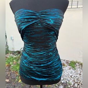Y2K Blue and Black Sequin Strapless Top